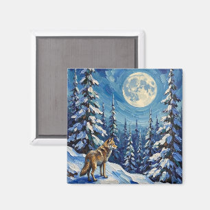 Vintage Wolf im mondbeschienenen Winterwald Weihna Magnet