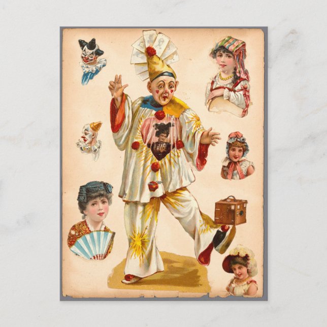 Vintage Women & Circus Clowns Ephemera Collage Postkarte (Vorderseite)