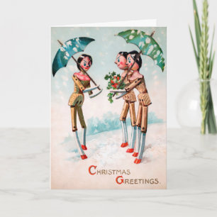 Vintage Wooden Dolls with Umbrellas Feiertagskarte