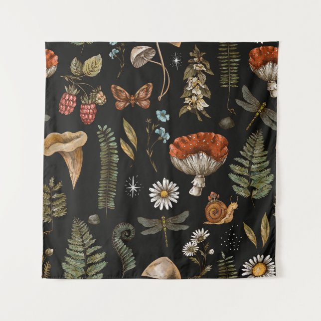 Vintage woodland nature seamless pattern. Amanita  Wandteppich (Vorderseite)