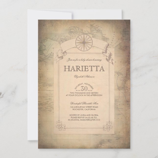 Vintage World Travel Map Explorer Kinderdusche Einladung (Vorderseite)