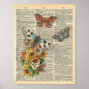 Vintage-Wörterbuch-Kunst Bunte Schmetterlinge Poster