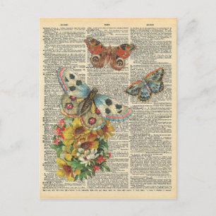 Vintage-Wörterbuch-Kunst Farbige Schmetterlinge Postkarte