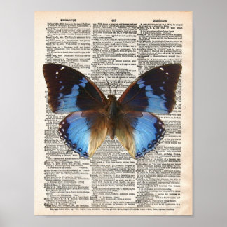 Vintage Wörterbuchseite und blauer Schmetterling Poster