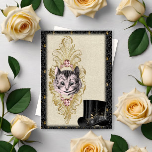 Vintage-Wunderland Cheshire-Rosa Katze und Zylinde Mitteilungskarte