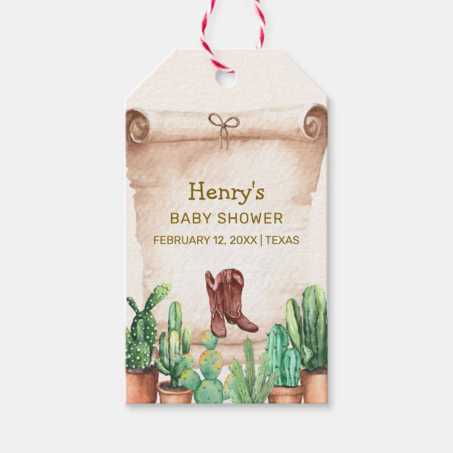 Vintage Wüste Cactus Cowboy Boots Baby Shower Geschenkanhänger (Vorderseite)