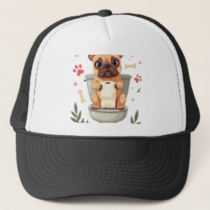 Vintage wütender französischer Bulldogge hält Toil Truckerkappe