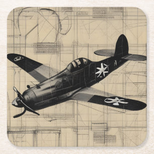 Vintage WW2-Kampfflugzeug Bleistiftskizze Design Rechteckiger Pappuntersetzer