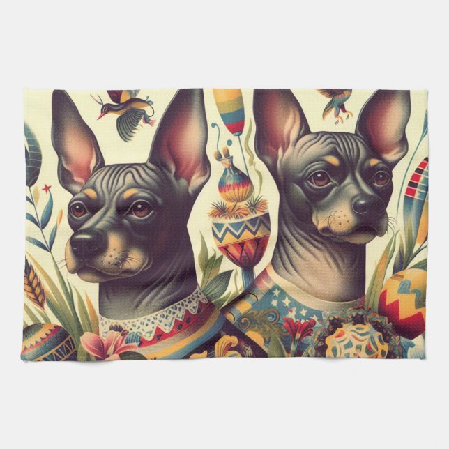 Vintage Xoloitzcuintle Illustration Geschirrtuch (Horizontal)