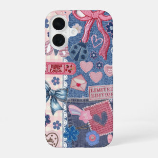 Vintage Y2K Blaues Denim-Collage-Rosa-Schleife Cas iPhone 16 Hülle