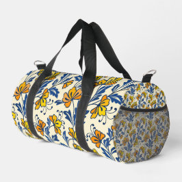 Vintage Yellow Orange Folk Floral Blue Leaf Duffle Bag