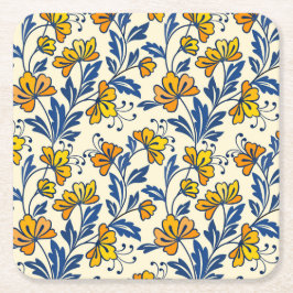 Vintage Yellow Orange Folk Floral Blue Leaf Rechteckiger Pappuntersetzer