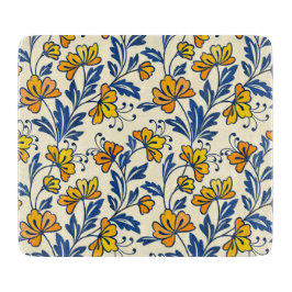 Vintage Yellow Orange Folk Floral Blue Leaf Schneidebrett