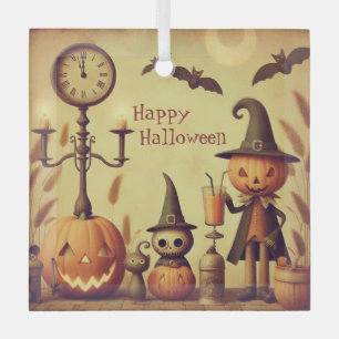 Vintage, zauberhafte Halloween-Kürbisse und Fleder Ornament Aus Glas