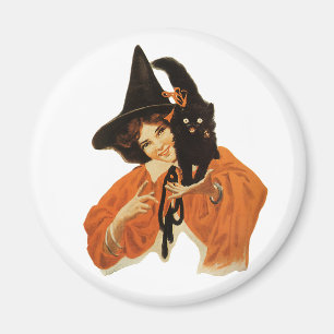 Vintage zauberhafte Hexe mit schwarzer Katze auf d Magnet