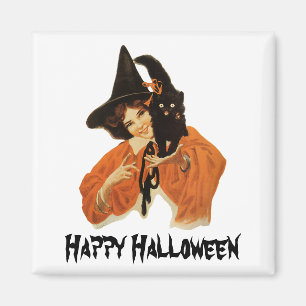 Vintage-Zauberin mit schwarzer Katze auf der Schul Magnet