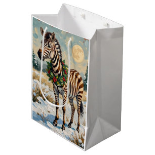 Vintage-Zebra im schneebedeckten Weihnachtsfeld Mittlere Geschenktüte