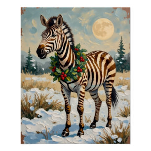 Vintage-Zebra im schneebedeckten Weihnachtsfeld Poster