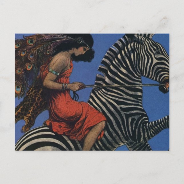 Vintage Zebra Jugendstilfrau Postkarte (Vorderseite)