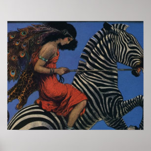 Vintage-Zebra mit Art Nouveau-Reiterin Poster