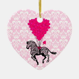 Vintage-Zebra & rosa Herz auf Damast Keramikornament