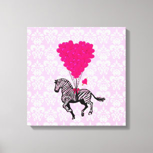 Vintage-Zebra- und rosa Herzballons Leinwanddruck