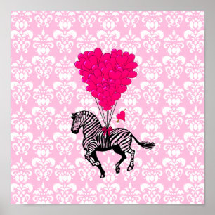 Vintage-Zebra- und rosa Herzballons Poster