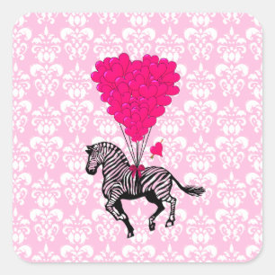 Vintage-Zebra- und rosa Herzballons Quadratischer Aufkleber