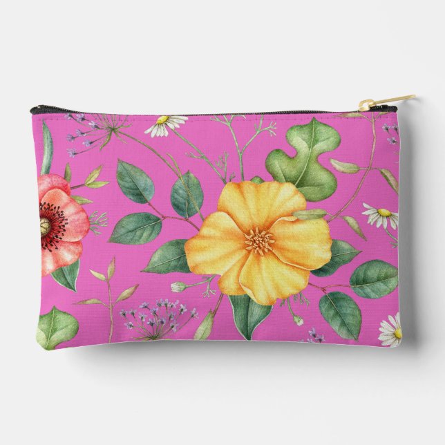 Vintage Zeichnend Wildblumen / Küken, rosa Zubehörtasche (Rückseite)