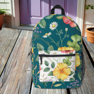 Vintage Zeichnend Wildblumen Weißer / Aquamariner Bedruckter Rucksack