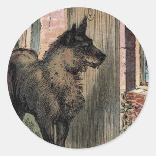 Vintage-Zeichnung: Der Wolf an Omas Tür Runder Aufkleber