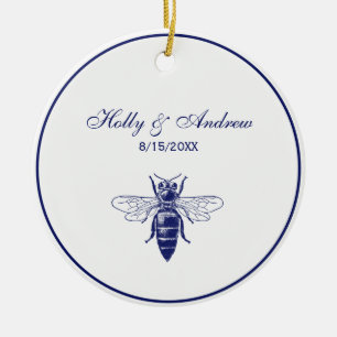 Vintage-Zeichnung einer Königinbiene in Blau Keramik Ornament