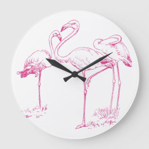 Vintage-Zeichnung eines rosa Flamingos Große Wanduhr