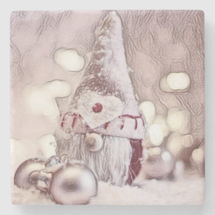 Vintage-Zeichnung eines rosa Gnom auf Schnee Steinuntersetzer