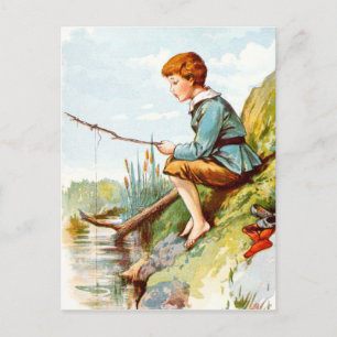 Vintage-Zeichnung: Junge fischt in einem Fluss Postkarte