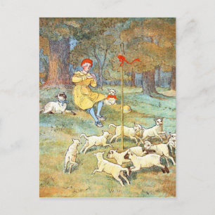 Vintage Zeichnung: Junger Schäfer mit seinen Lämme Postkarte