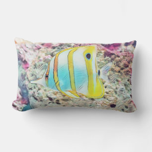 Vintage-Zeichnung von blauem gelbem Fisch im Meer Lendenkissen
