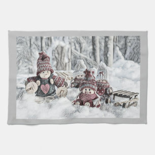 Vintage-Zeichnung von Gnome im Schnee Geschirrtuch