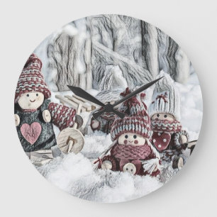 Vintage-Zeichnung von Gnome im Schnee Große Wanduhr