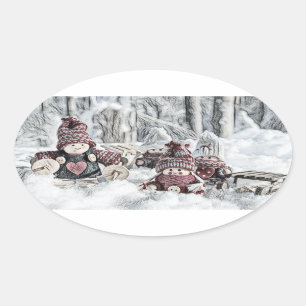 Vintage-Zeichnung von Gnome im Schnee Ovaler Aufkleber