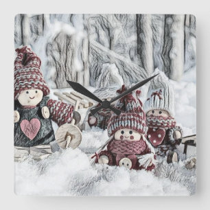 Vintage-Zeichnung von Gnome im Schnee Quadratische Wanduhr