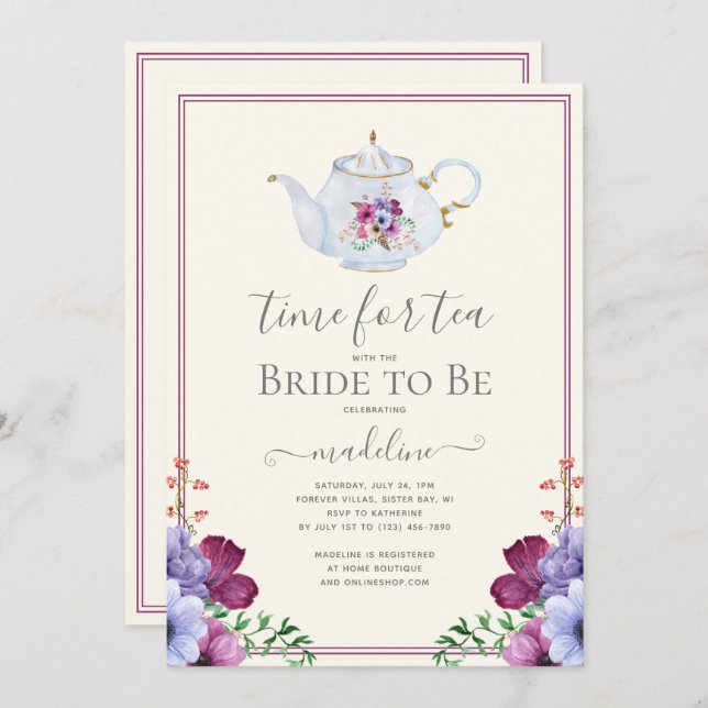 Vintage Zeit für Tee-Flora-Brautparty Einladung (Vorne/Hinten)