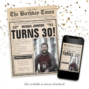 Vintage Zeitung 30. Geburtstag Spaß Custom Foto Einladung