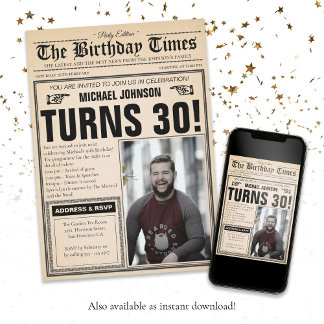 Vintage Zeitung 30. Geburtstag Spaß Custom Foto Einladung
