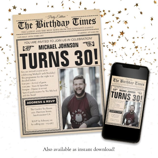 Vintage Zeitung 30. Geburtstag Spaß Custom Foto Einladung (Vintage Newspaper 30th Birthday Fun Custom Photo Invitation)