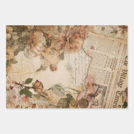 Vintage-Zeitung Floral Ästhetik Geschenkpapier Set