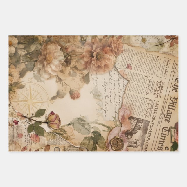 Vintage-Zeitung Floral Ästhetik Geschenkpapier Set (Vorderseite 3)