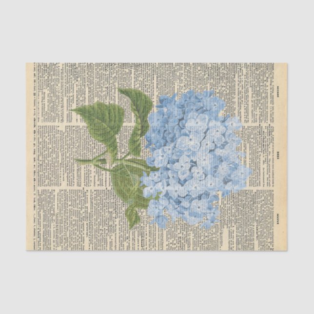 Vintage Zeitung mit Dekoupage der blauen Blume Seidenpapier (Vorderseite)