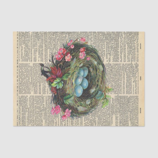 Vintage Zeitung mit Vogelnest-Decoupage Seidenpapier (Vorderseite)