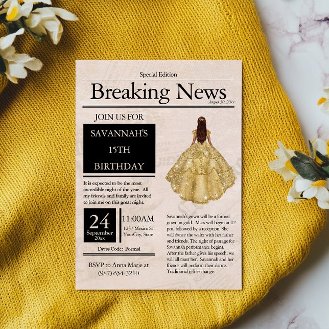 Vintage Zeitung Quinceañera Gold Einladung (Von Creator hochgeladen)
